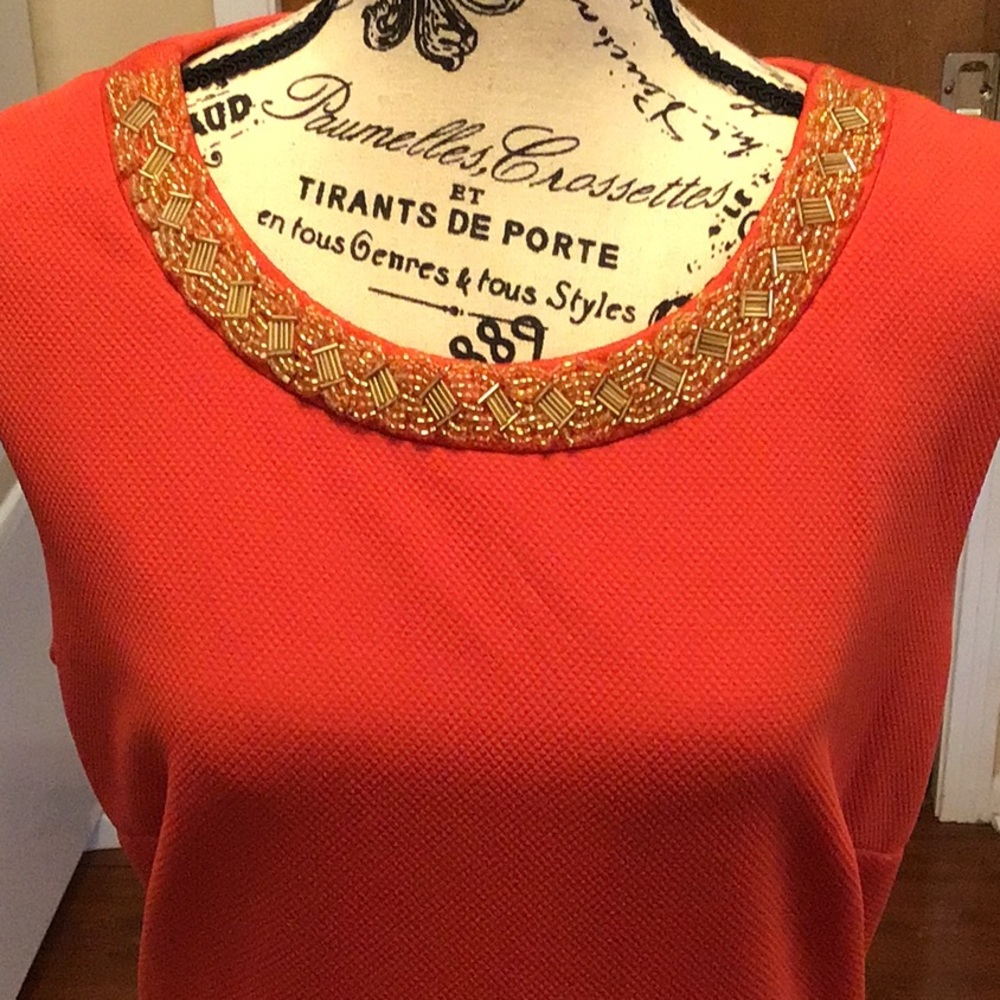 Beautiful Orange With Gold Accents Zippered Back Midi Dress